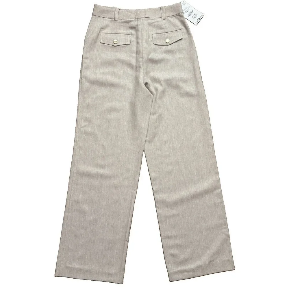 NWT Zara High Rise Wide Leg Straight Pants Women’s M Beige Cotton Blend Pockets
